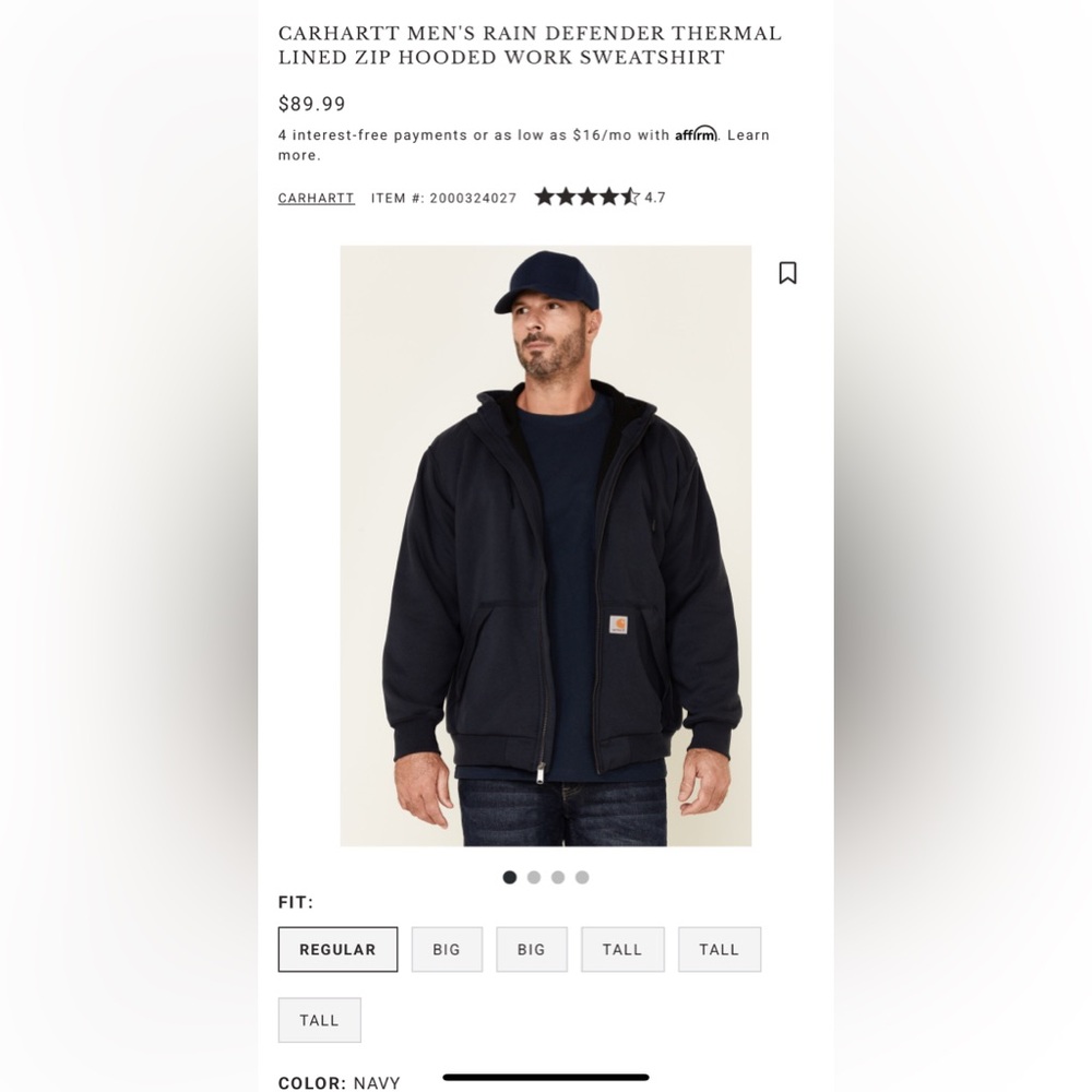 CARHARTT MEN'S RAIN DEFENDER THERMAL LINED ZIP HOODED WORK SWEATSHIRT